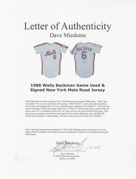Lot Detail - 1986 Wally Backman Game Used and Signed New York Mets Road  Jersey (JSA)