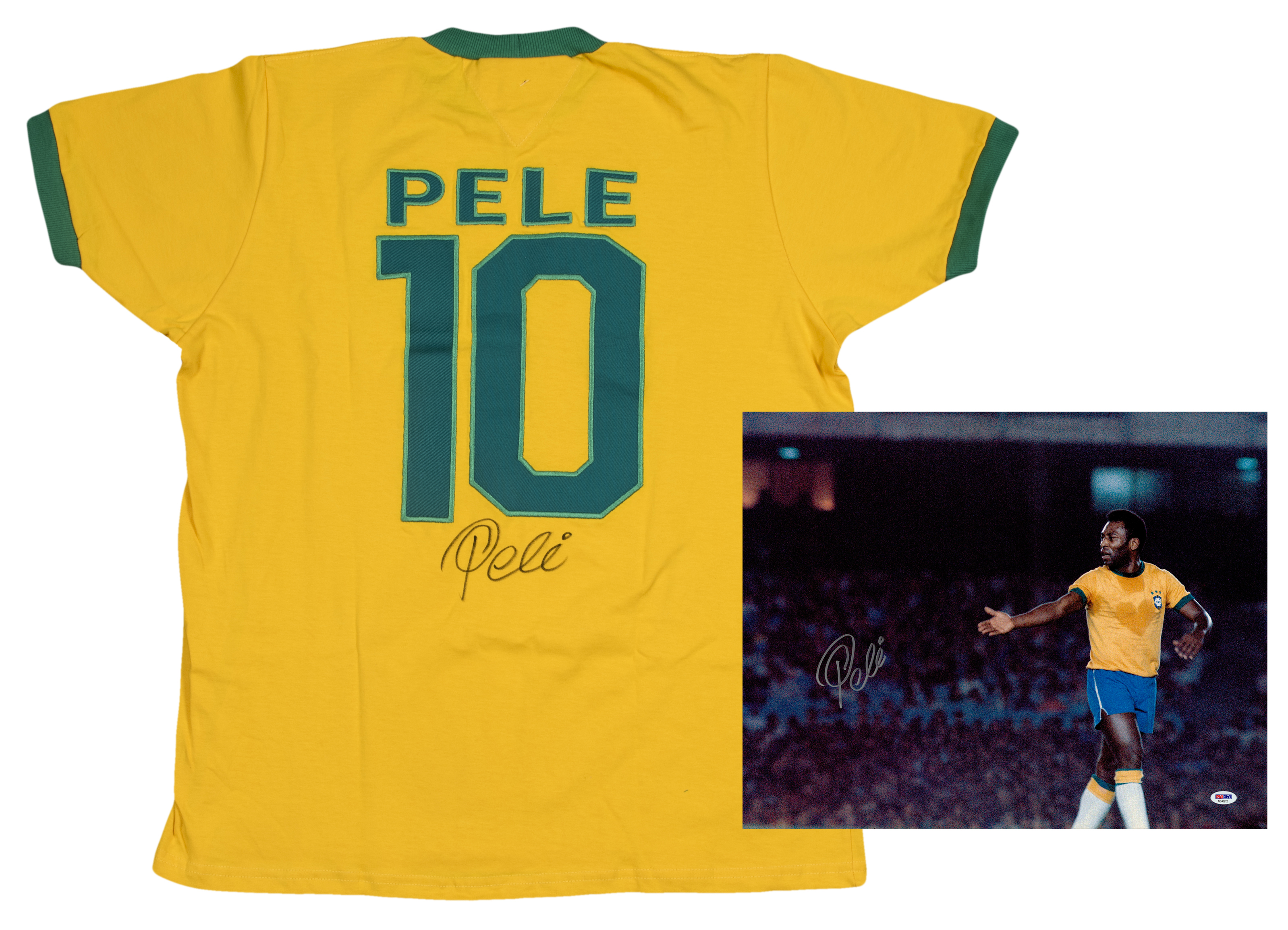 Lot Detail - Lot of (2) Pele Signed 1970 World Cup Final Replica Jersey