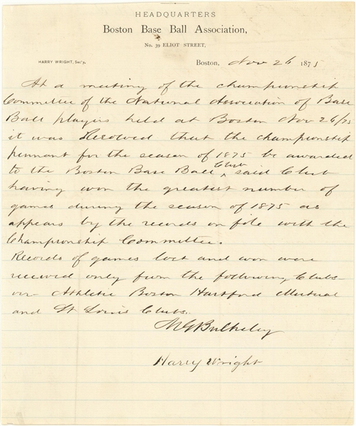 Historically Significant 1875 Morgan Bulkeley And Harry Wright Hand Written & Signed Resolution of the "National Association of Baseball Players" (PSA/DNA NM-MT+ 8.5 with a Gem Mint 10 Bulkeley!)