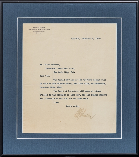 Lot Detail 19 Ban Johnson Signed Typed Letter To Yankees President Jacob Ruppert In Framed Display Jsa