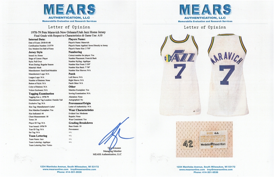 The Finest Pete Maravich 1970's New Orleans Jazz Game Used Jersey MEARS A10  COA