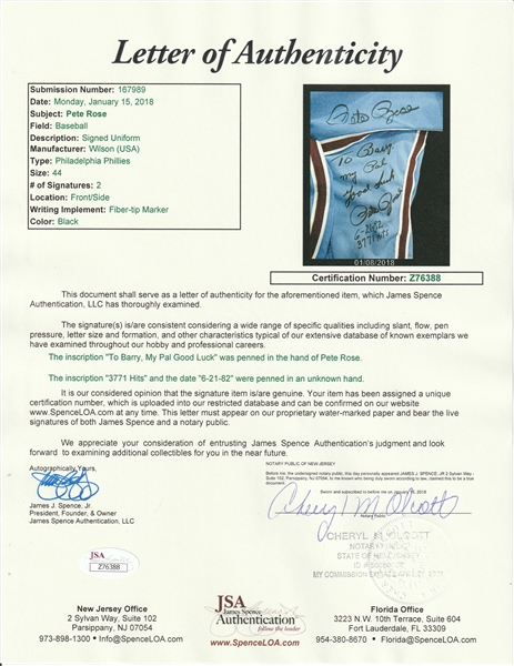 Philadelphia Phillies Pete Rose Autographed Blue Jersey Hit #4000, 4/13/84  & Charlie Hustle PR Holo #006987 - Mill Creek Sports