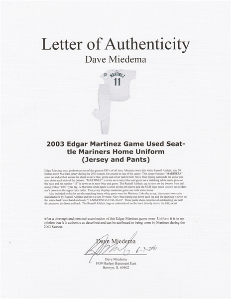 Lot Detail - 2003 Edgar Martinez Game Used Seattle Mariners Home