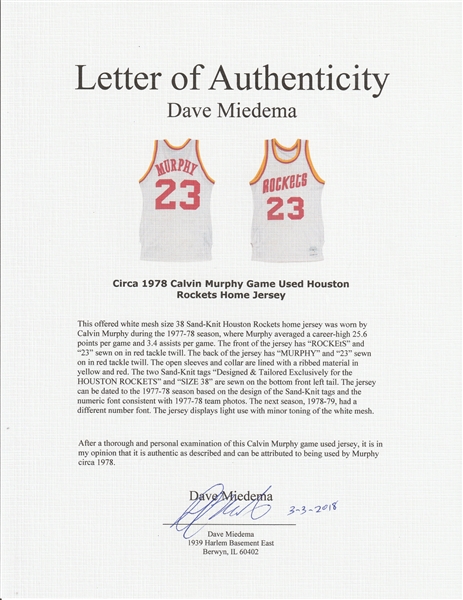 Lot Detail - Circa 1978 Calvin Murphy Game Used Houston Rockets Home Jersey  (Letter of Provenance)