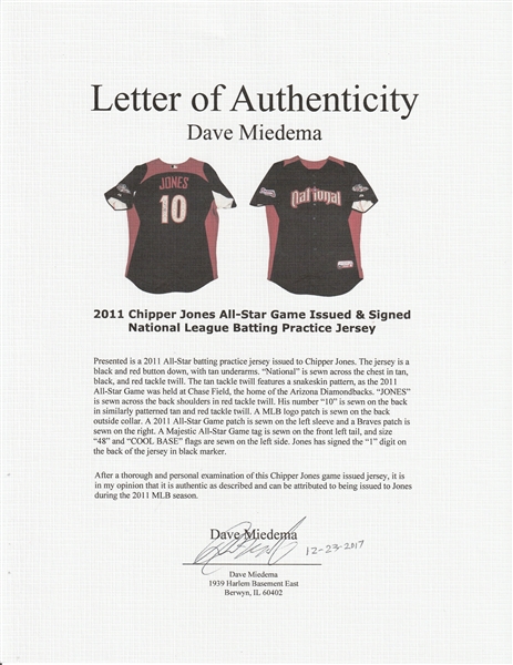 Lot Detail - 2011 Chipper Jones All-Star Game Issued & Signed