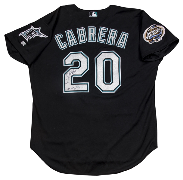 Lot Detail - 2003 Miguel Cabrera Rookie Season Game Used & World Series  Issued and Signed Florida Marlins Alternate Jersey (PSA/DNA & JSA)