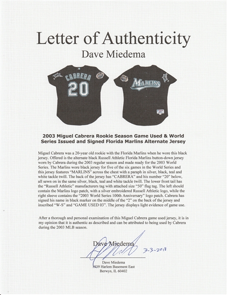 MIGUEL CABRERA SIGNED 2003 WORLD SERIES GAME ISSUED FLORIDA