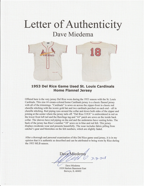 1953 Del Rice Game Worn St. Louis Cardinals Jersey. Baseball, Lot  #80538