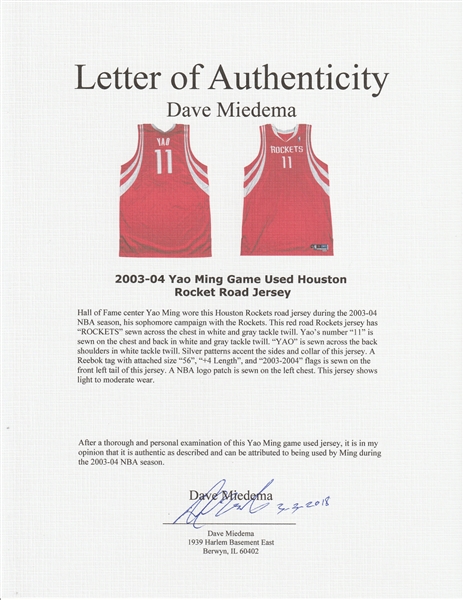 2003-04 Yao Ming Houston Rockets Game Worn Jersey