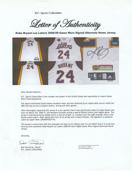 Lot Detail - 2008-09 Kobe Bryant Los Lakers Noche Latina Latin Night Game  Used and Signed Alternate Home Jersey (UDA & D.C Sports)