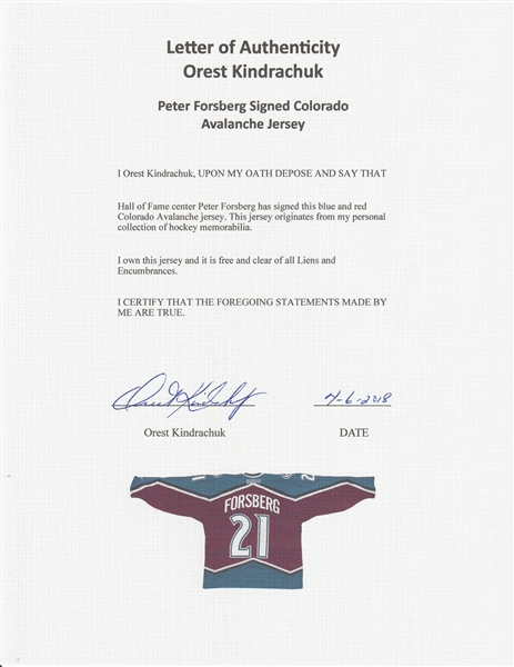 Peter Forsberg Signed Avalanche Jersey (Beckett COA & Forsberg Hologram)