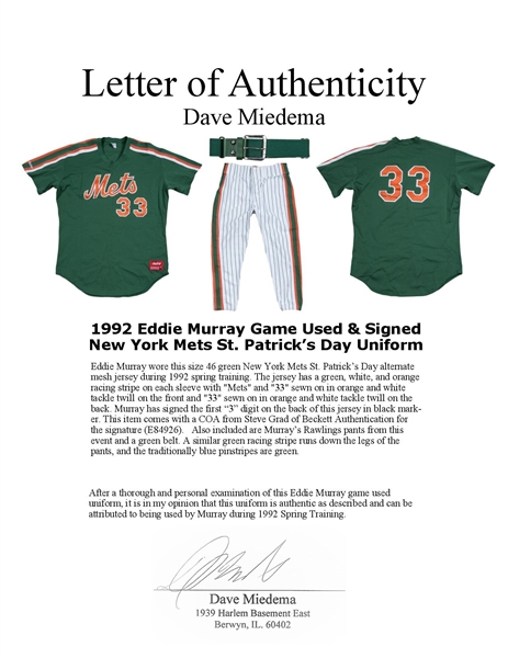 Lot Detail - 1992 Eddie Murray Game Used & Signed New York Mets St. Patrick's  Day Uniform - Jersey, Pants & Belt (Beckett)