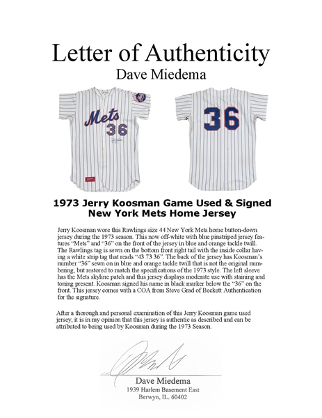 Lot Detail - 1973 Jerry Koosman Game Used & Signed New York Mets Home Jersey  (Beckett)