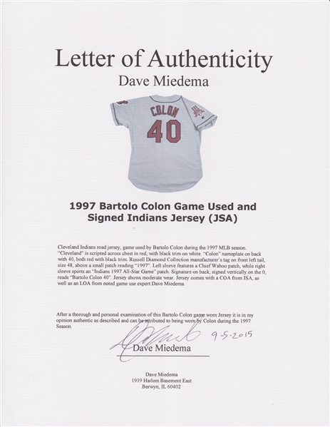 Lot Detail - 1997 Bartolo Big Sexy Colon Cleveland Indians Rookie Game- Used & Autographed Road Jersey (Full JSA • Photo-Matched)