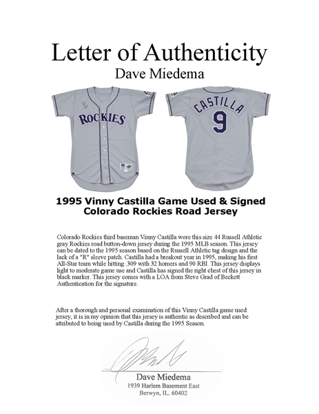 Vinny Castilla (Colorado Rockies) autographed/signed game used 1998 road  jersey