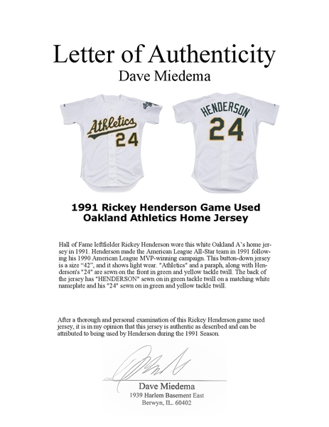 Lot Detail - 1991 Rickey Henderson Game Used Oakland Athletics Home Jersey