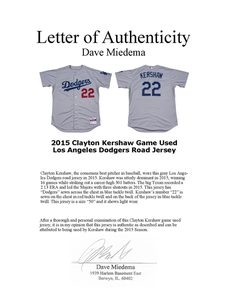 Lot Detail - 2015 Clayton Kershaw Game Used Los Angeles Dodgers