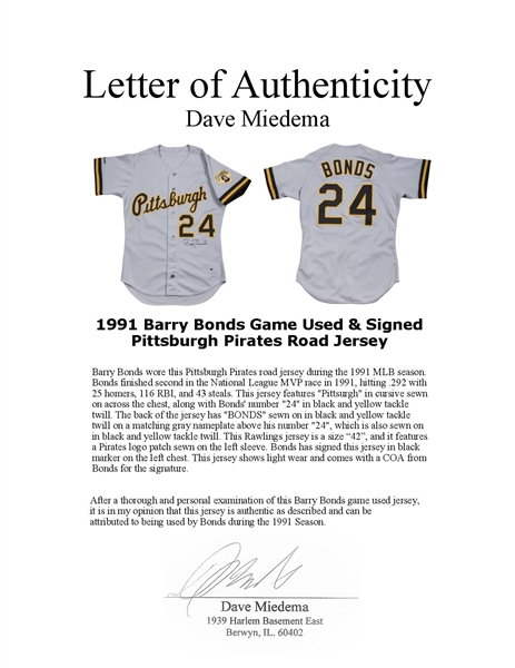 1991 Barry Bonds Game-Worn Pirates Jersey – Memorabilia Expert