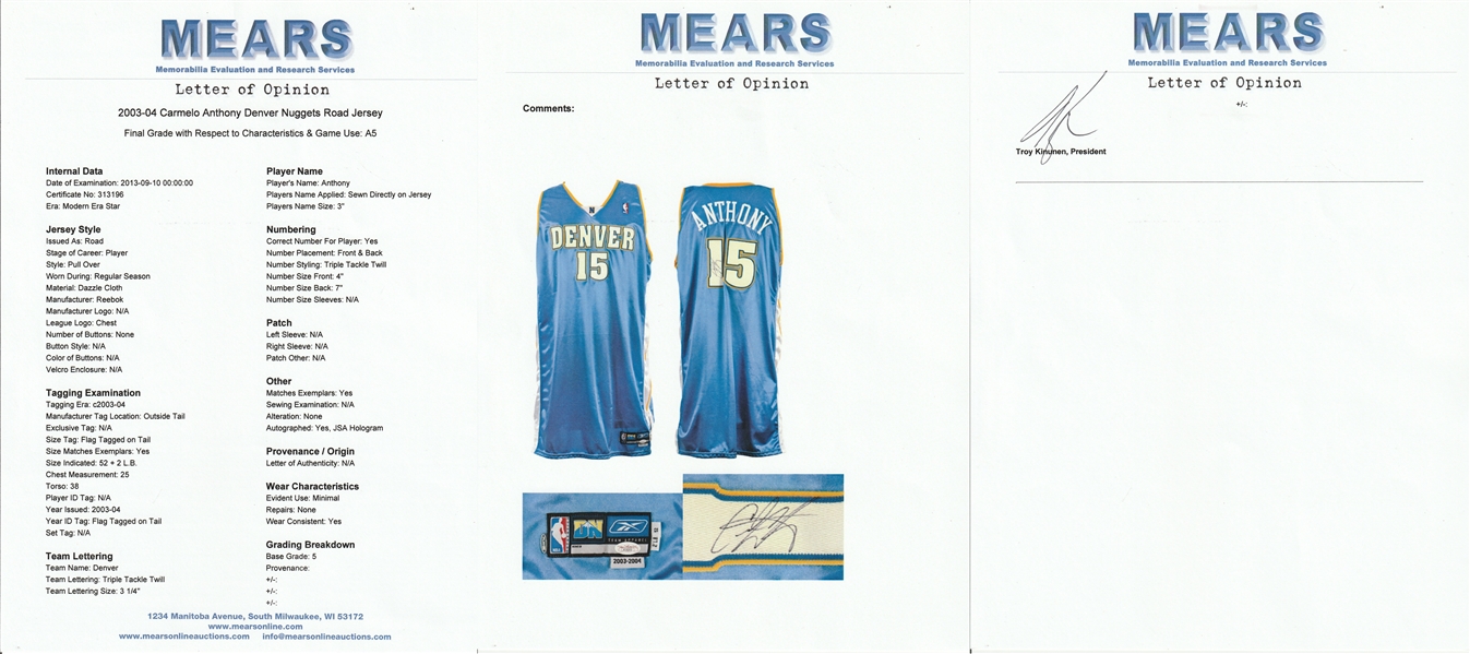 CARMELO ANTHONY GAME WORN 2003-04 DENVER NUGGETS ROOKIE YEAR JERSEY