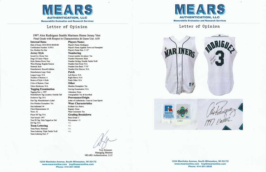 Alex Rodriguez Signed Mariners Game-Used Jersey Inscribed Game Used (A10  Mears LOA)