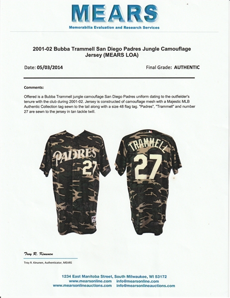 Lot Detail - 2001-02 Bubba Trammell Game Used San Diego Padres Camouflage  Jersey (MEARS)