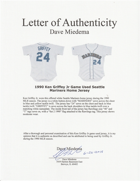 Lot Detail - Ken Griffey Jr. 2009 Seattle Mariners Game Used Jersey w/Dave  Miedema LOA
