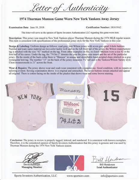 Lot Detail - 1974 Thurman Munson Game Used New York Yankees Road