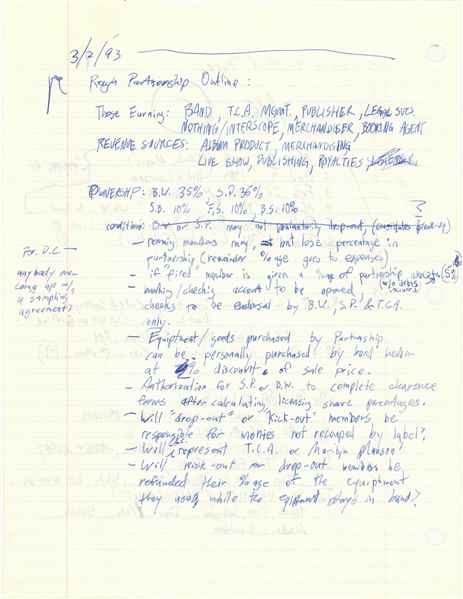 1993 Marilyn Manson Handwritten Band Formation Rough Partnership Outline Between Brian Warner & Scott Putesky (JSA)