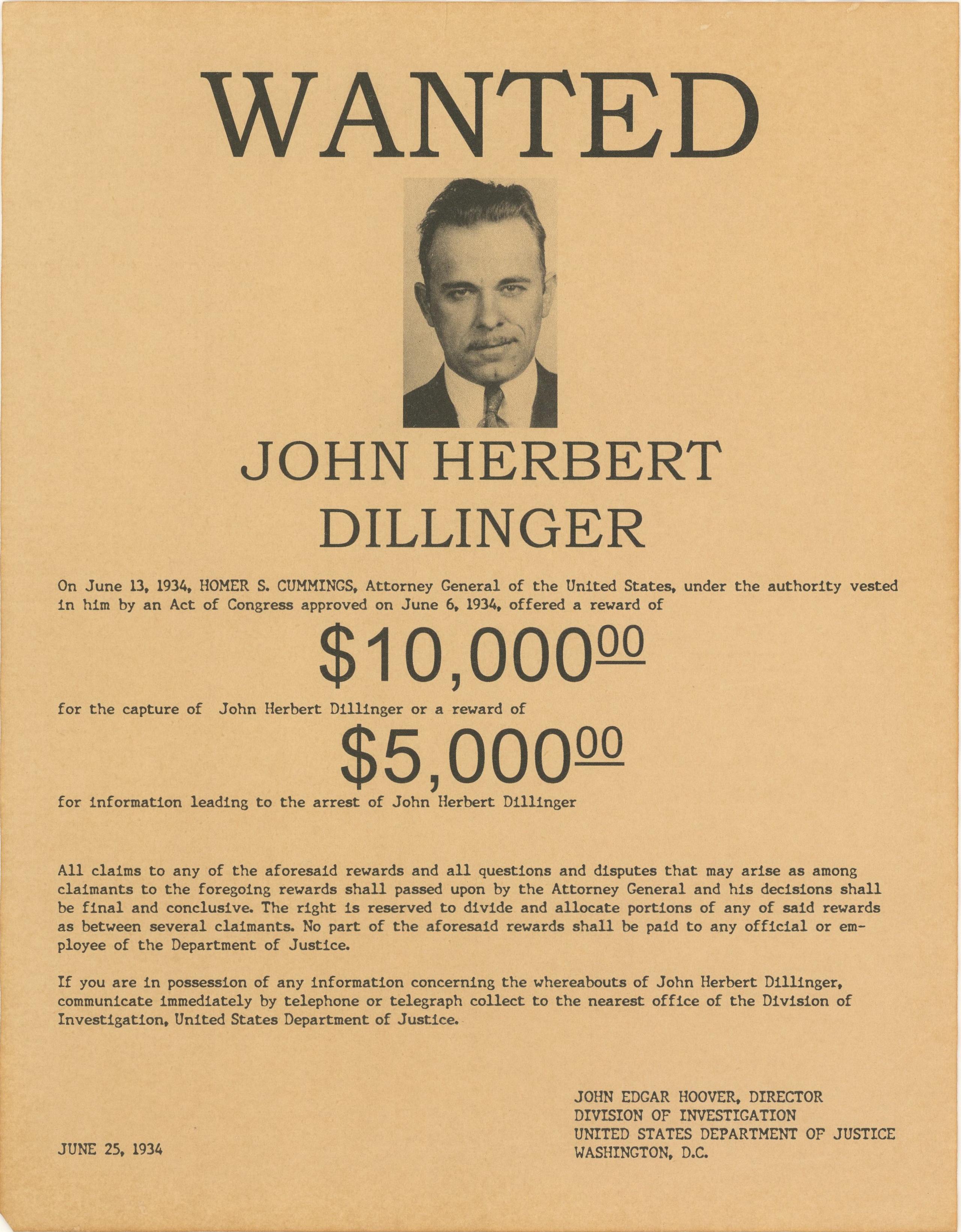 Lot Detail - Lot of (2) John Dillinger FBI Wanted Poster & Melvin ...