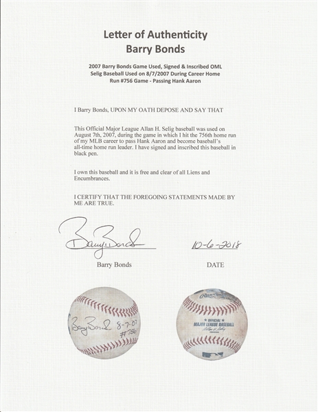Lot Detail - BALL HIT BY BARRY BONDS FOR CAREER HOME RUN #756