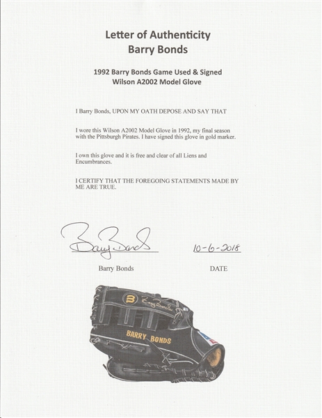 Lot Detail - 1992 Barry Bonds Game Used & Signed Wilson A2002 Model Glove  (PSA/DNA & Bonds LOA)
