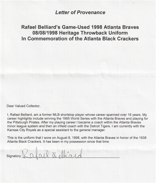 Lot Detail - 1998 Rafael Belliard Game Used Atlanta Braves “Turn Back the  Clock Atlanta Black Crackers Home Uniform (Belliard LOA & Beckett)