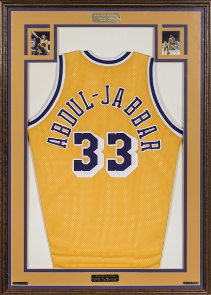 Lot Detail - 1988-89 Kareem Abdul-Jabbar Final Season Game Used Los Angeles  Lakers Jersey in 30x42 Framed Display Presented For #33 Retirement (Abdul- Jabbar LOA)