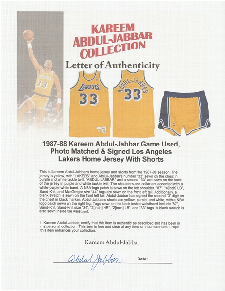 1988-89 Kareem Abdul-Jabbar Game Worn Signed Los Angeles Lakers, Lot  #82399