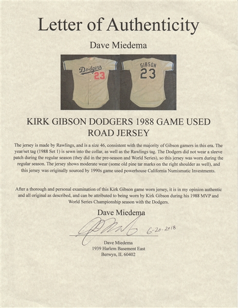 Lot Detail - 1988 Kirk Gibson Game Used Los Angeles Dodgers Road Jersey