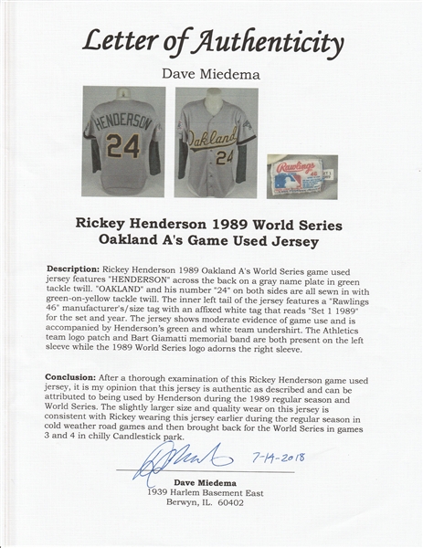 1989 Rickey Henderson Game Worn Oakland Athletics Jersey, Rare, Lot #81509