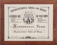 1964 The Renaissance Team Basketball Hall of Fame Certificate of Election (Abdul-Jabbar LOA)
