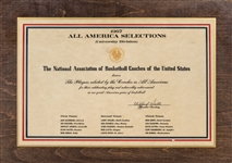 1967 All America Selections University Division Plaque Presented To Lew Alcindor (Abdul-Jabbar LOA)