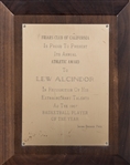 1967 Friars Club of California Athletic Award Plaque Presented To Lew Alcindor (Abdul-Jabbar LOA)