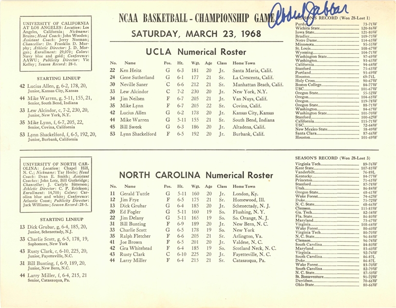 Kareem Abdul-Jabbar Signed 1968 NCAA Basketball Championship Game Roster (Abdul-Jabbar LOA)