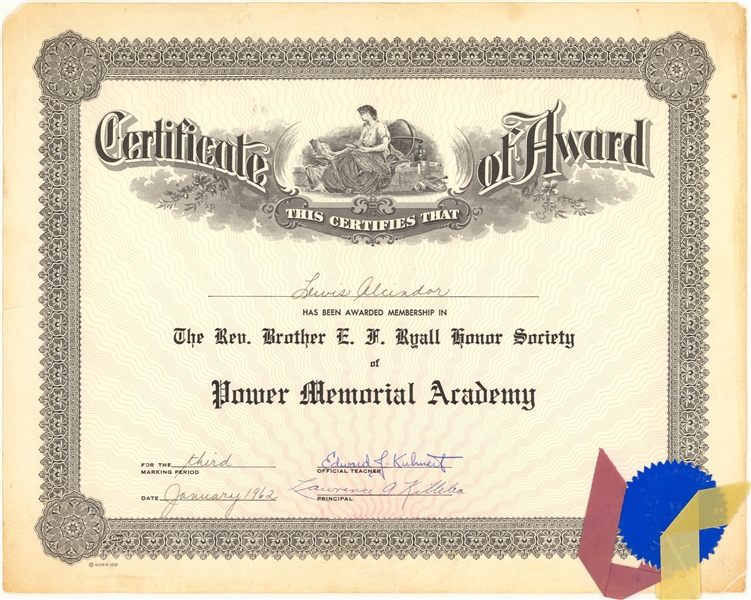 1962 Power Memorial Academy Honor Society Certificate Presented To Lewis Alcindor (Abdul-Jabbar LOA)