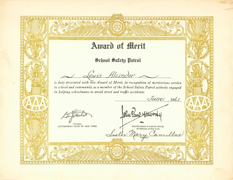 1961 School Safety Patrol Award of Merit Presented To Lewis Alcindor (Abdul-Jabbar LOA)