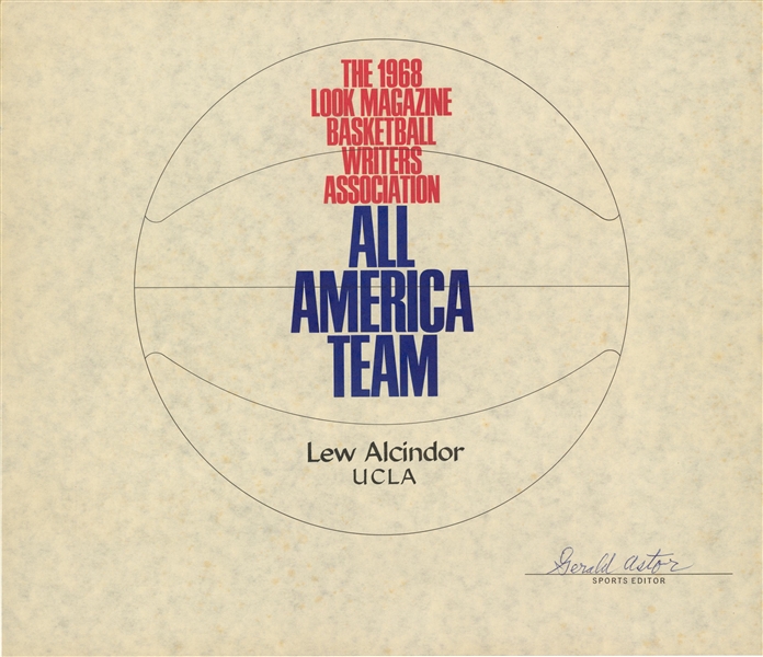 The 1968 Look Magazine Basketball Writer’s Association All America Team Certificate Presented To Lew Alcindor (Abdul-Jabbar LOA)