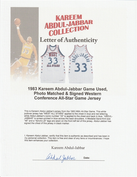 Lot Detail - 1983 Kareem Abdul-Jabbar Game Used, Photo Matched & Signed  Western Conference All-Star Game Jersey (Abdul-Jabbar LOA & Sports  Investors Authentication)