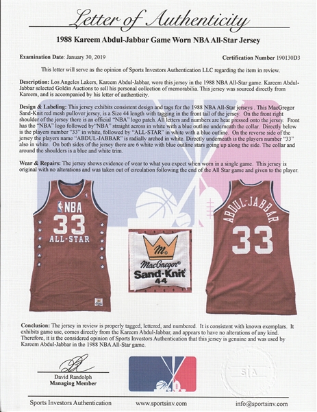 Lot Detail - Kareem Abdul-Jabbar 1988-89 Los Angeles Lakers Game Worn Home  Jersey - (Miedema LOA) Final Record Setting NBA Season
