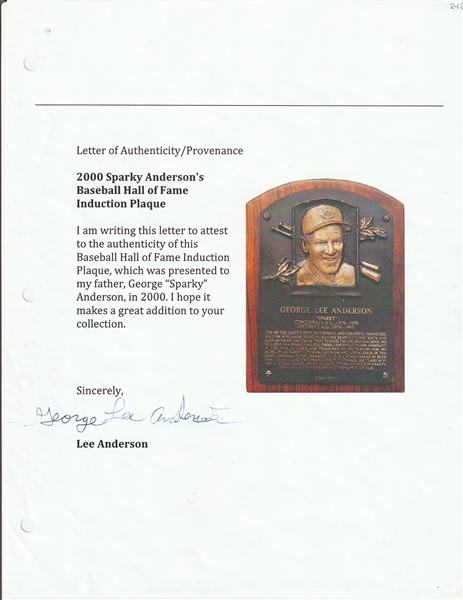 Lot Detail - Sparky Anderson's Baseball Hall of Fame Induction Plaque  (Family LOA)