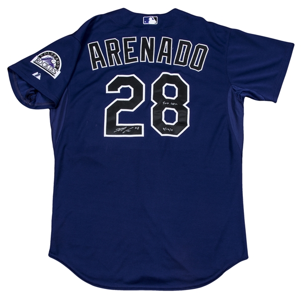 Lot Detail - 2015 Nolan Arenado Game Used, Signed & Inscribed Colorado  Rockies Alternate Jersey Used on 4/11/15 For Home Run & 4/14/2015 For Tarp  Catch! (Rockies LOA & PSA/DNA)