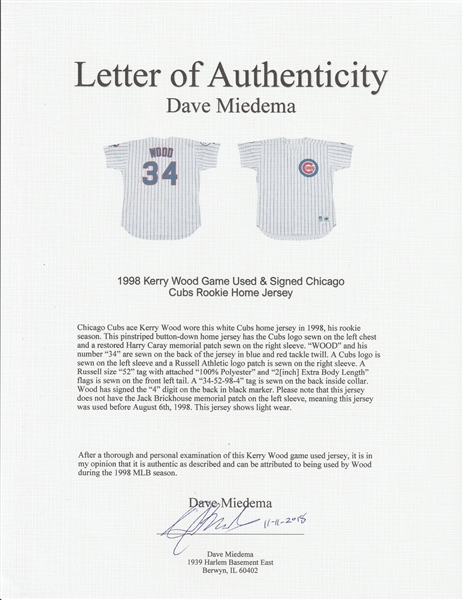 Kerry Wood Signed Chicago Cubs Jersey (PSA COA) Rookie Record 20 K's  05/06/1998 - Body Logic