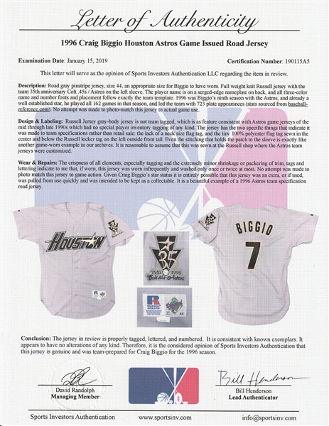 Lot Detail - 1996 Craig Biggio Game Used Houston Astros Road Jersey (Sports  Investors Authentication)