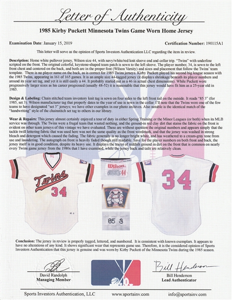 1985 Minnesota Twins - Kirby Puckett Game-Worn Jersey (Second Season)